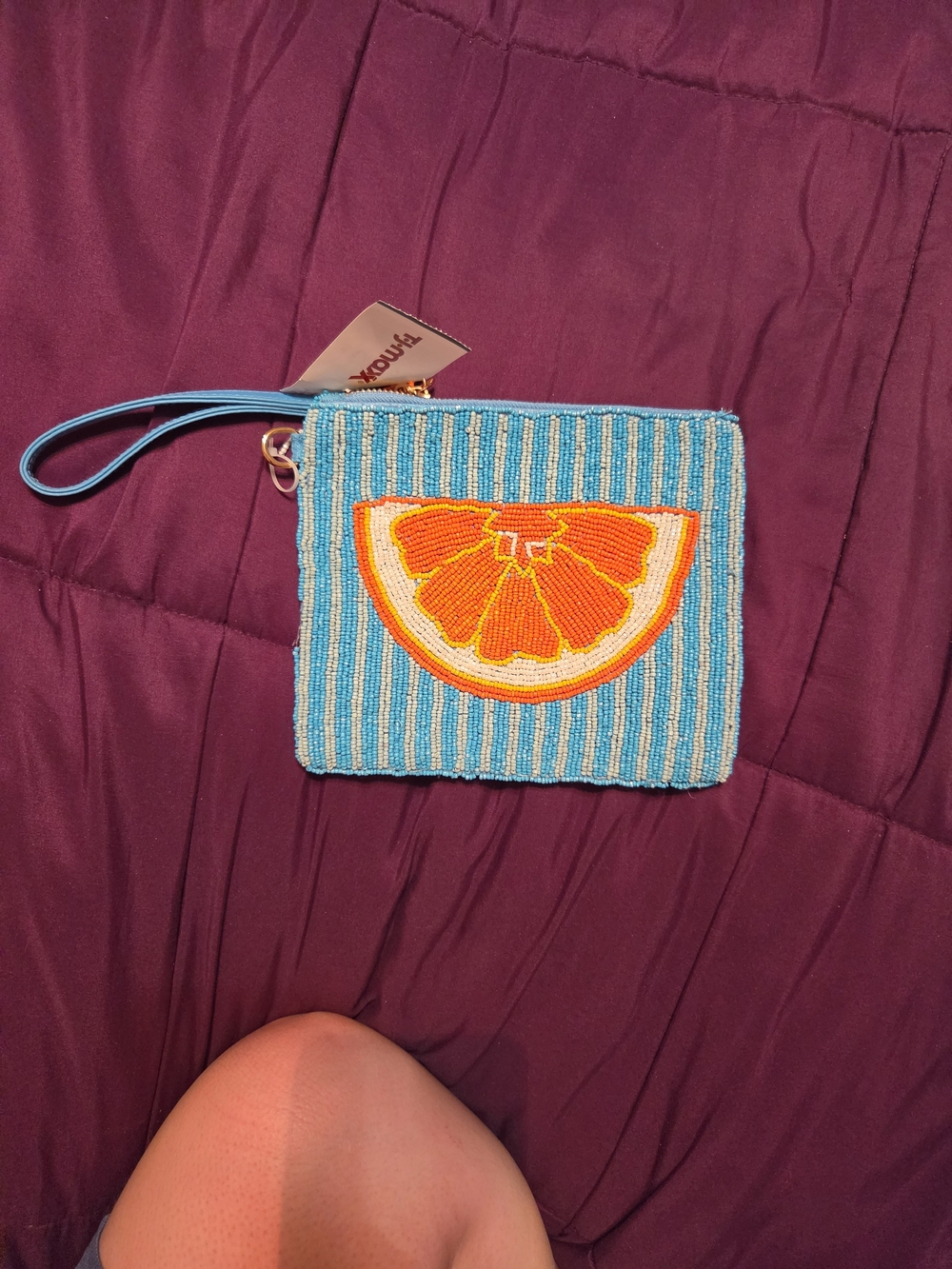 Beaded Citrus Wristlet Pouch in Turquoise & Orange